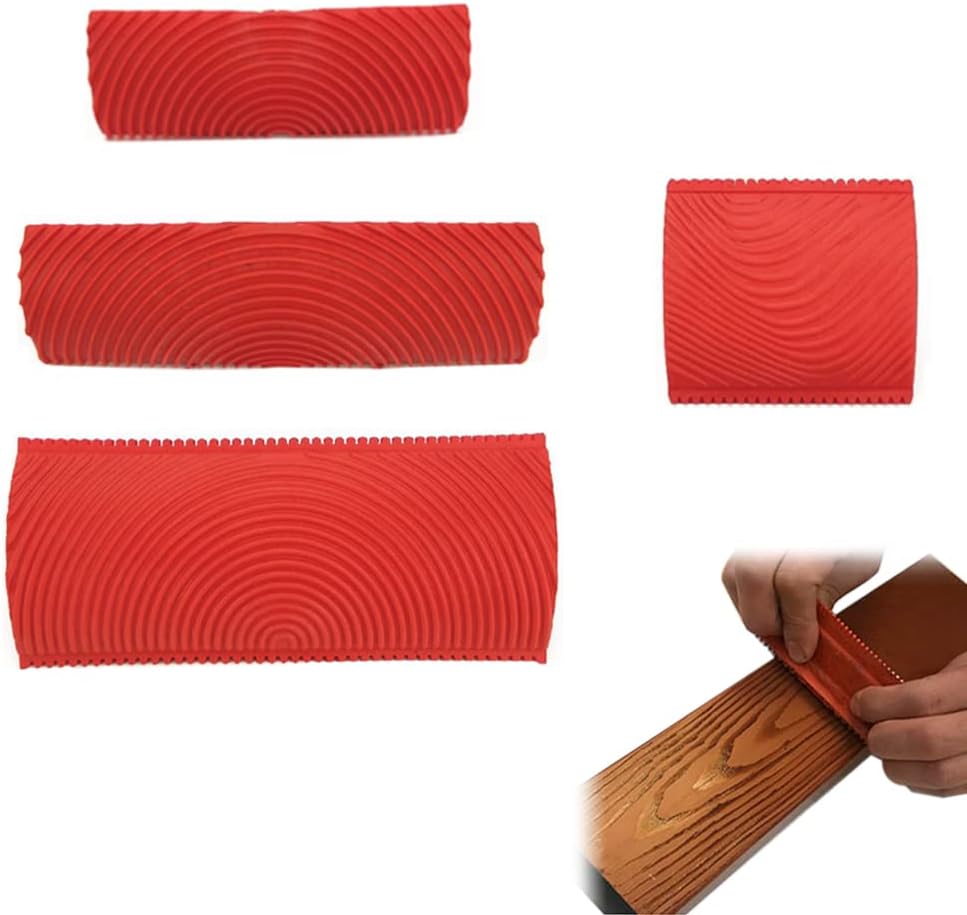 4 Pieces/Set Wood Graining Painting Tool Rubber Imitation Wood Grain Tool Red Wood Grain Design Decorating Tool for DIY Wall Room Art Paint Decoration