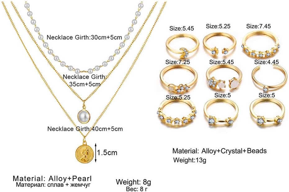 46 Pcs Gold Jewelry Set with 11Pcs Necklace, 11 Pcs anklet and 18 Pcs Earring Ear Cuff,6Hoop Earrings for Women Fashion Indie Costume Jewerly Pack for Friendship Party Gift