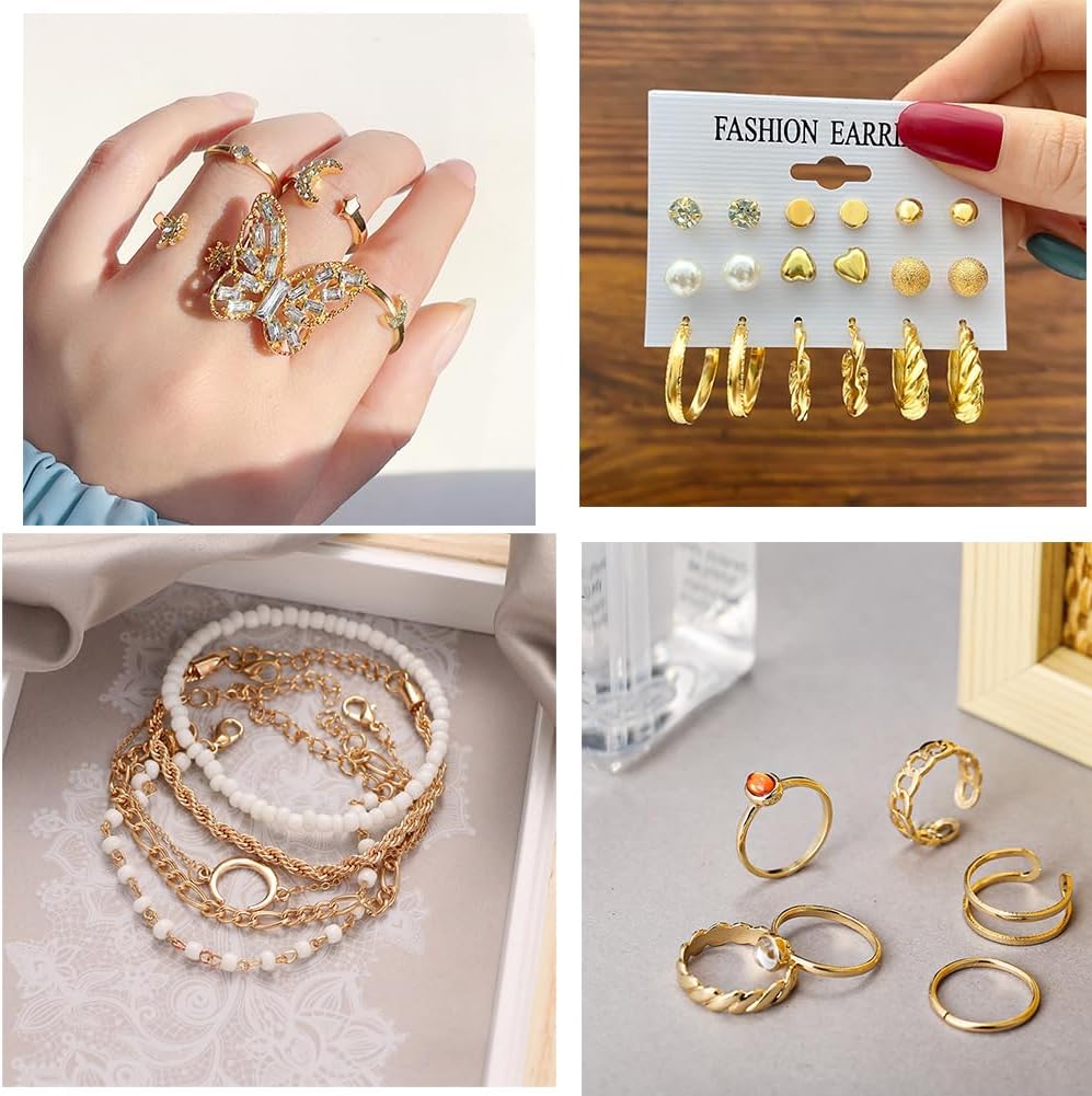 46 Pcs Gold Jewelry Set with 11Pcs Necklace, 11 Pcs anklet and 18 Pcs Earring Ear Cuff,6Hoop Earrings for Women Fashion Indie Costume Jewerly Pack for Friendship Party Gift