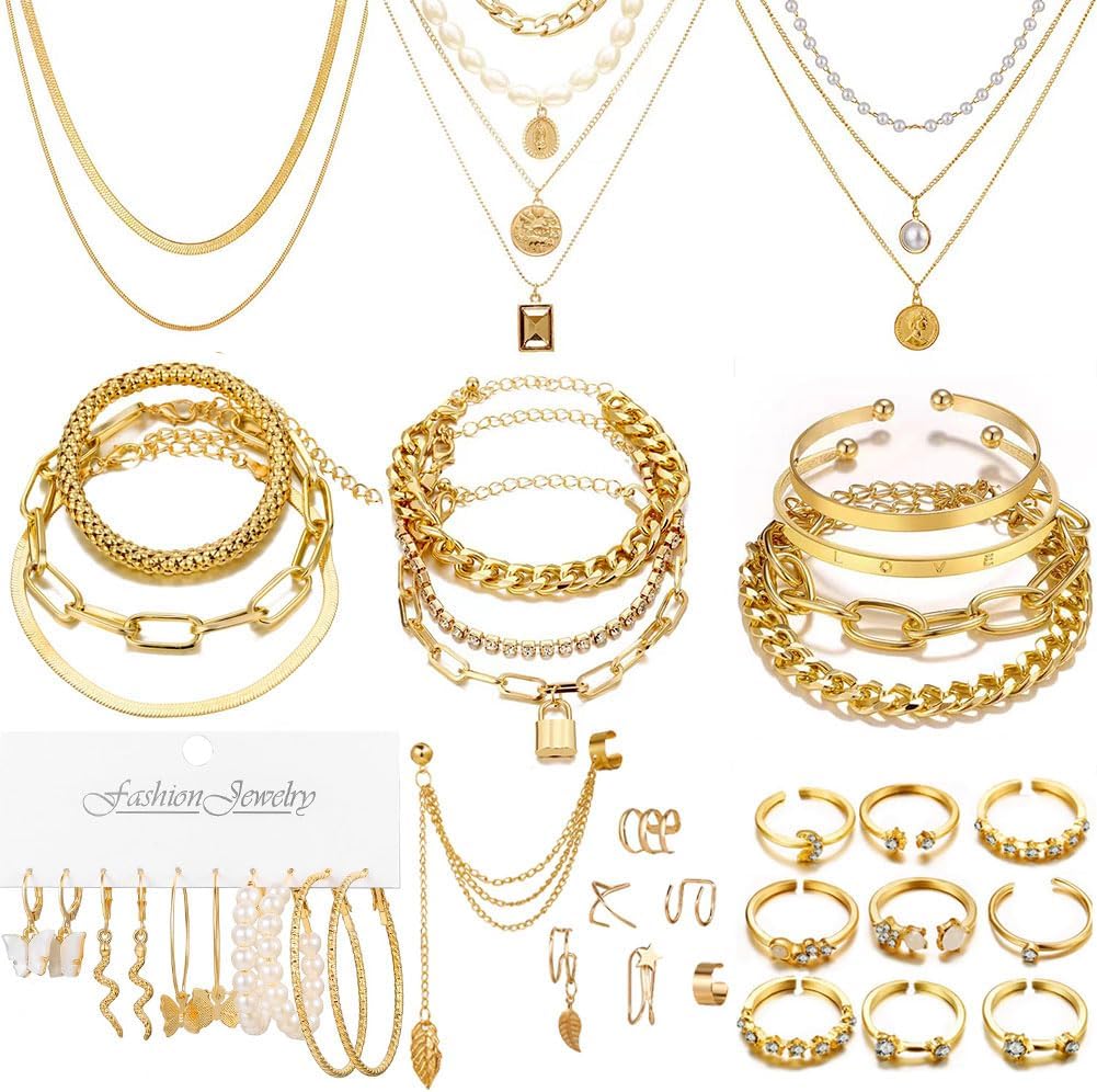 46 Pcs Gold Jewelry Set with 11Pcs Necklace, 11 Pcs anklet and 18 Pcs Earring Ear Cuff,6Hoop Earrings for Women Fashion Indie Costume Jewerly Pack for Friendship Party Gift