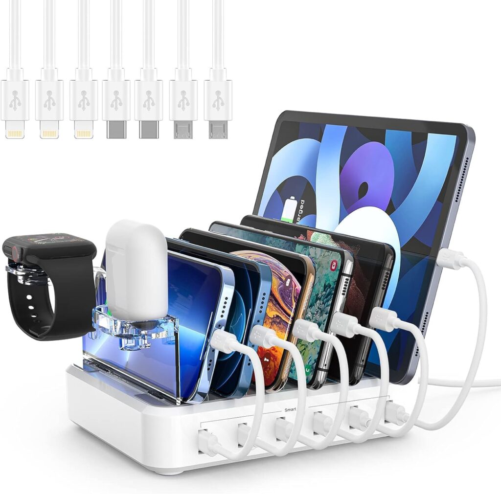 Charging Station for Multiple Devices,60W 6 Port Charger Station with 7 Mixed Charging Cables,USB Charging Dock,Compatible with Cellphone,Tablet, Kindle, iPhone iPad and More