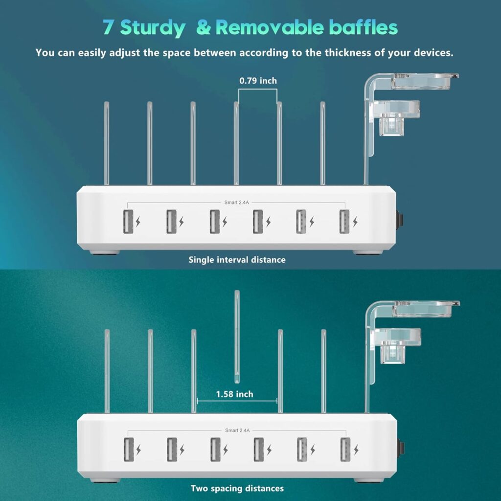 Charging Station for Multiple Devices,60W 6 Port Charger Station with 7 Mixed Charging Cables,USB Charging Dock,Compatible with Cellphone,Tablet, Kindle, iPhone iPad and More