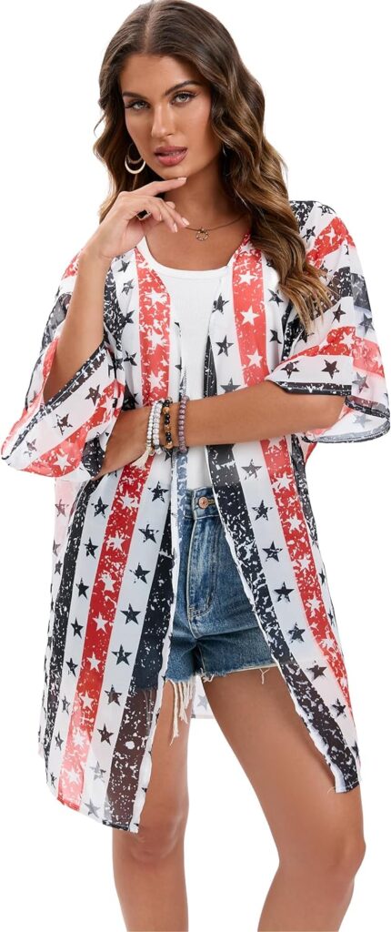 DDSOL Womens American Flag Kimono Cover up Beachwear Cardigan Loose Tops Shirt Blouse