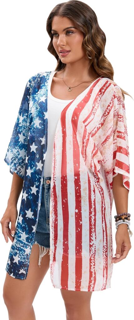 DDSOL Womens American Flag Kimono Cover up Beachwear Cardigan Loose Tops Shirt Blouse