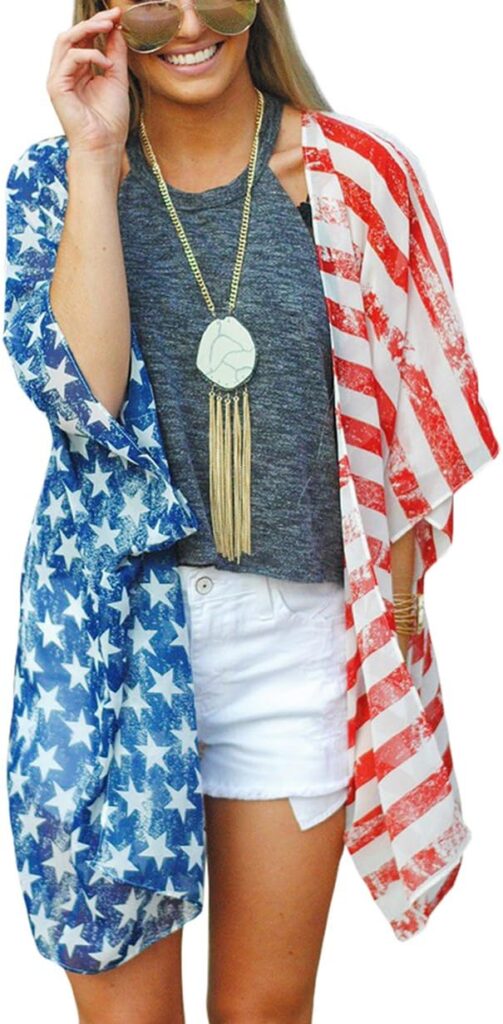 DDSOL Womens American Flag Kimono Cover up Beachwear Cardigan Loose Tops Shirt Blouse