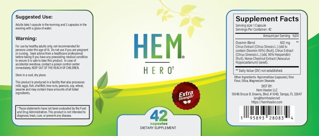 Hem Hero Extra Strength Hemorrhoid Treatment - Reduce Swelling, Soothe Itching  Irritation - 100% Natural - 42 Vegetarian Capsules