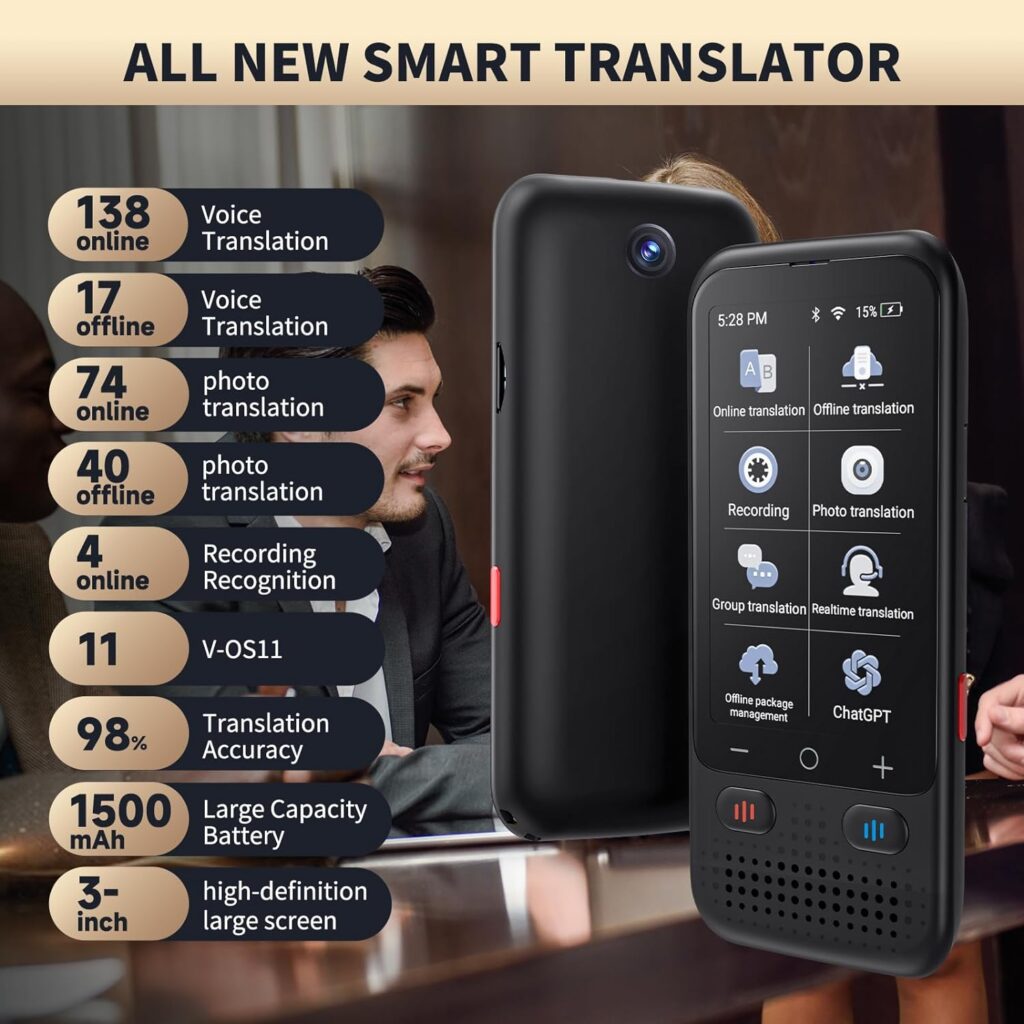 Language Translator Device, Two Way Real-Time Voice Translation, Support 138 Languages, ChatGpt OfflineRecordingPhoto Translation with 3” HD Touch Screen for Travel Business Learning