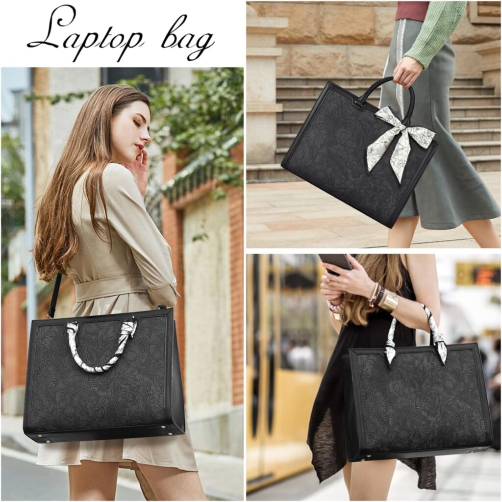 Laptop Bag for Women 15.6 Inch Tote Waterproof Leather Computer Business Lightweight Office Briefcase Large Capacity Handbag Shoulder Black