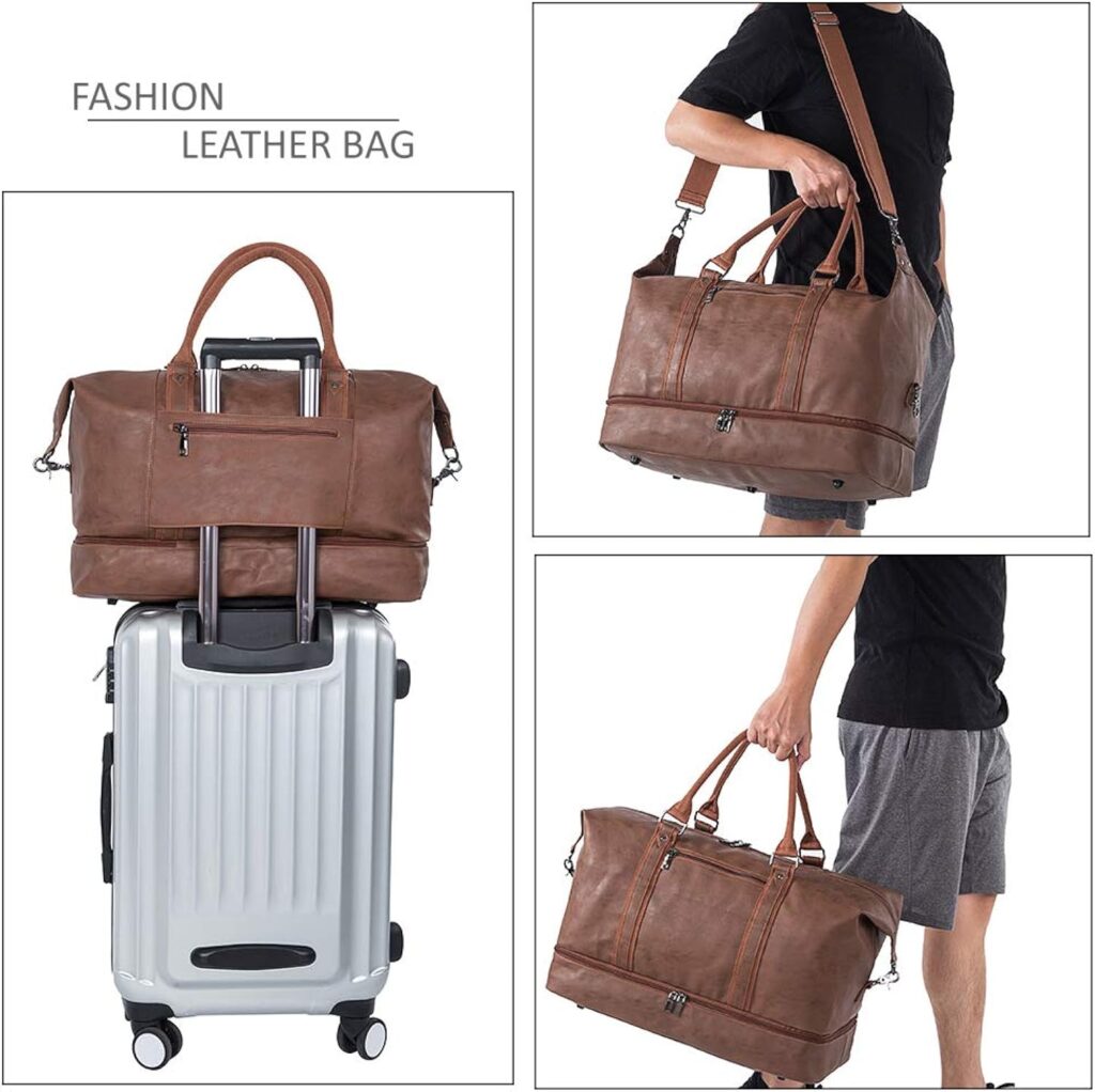 Leather Travel Bag with Shoe Pouch,Weekender Overnight Bag Waterproof PU Leather Large Carry On Bag Travel Tote Duffel Bag for Men or Women