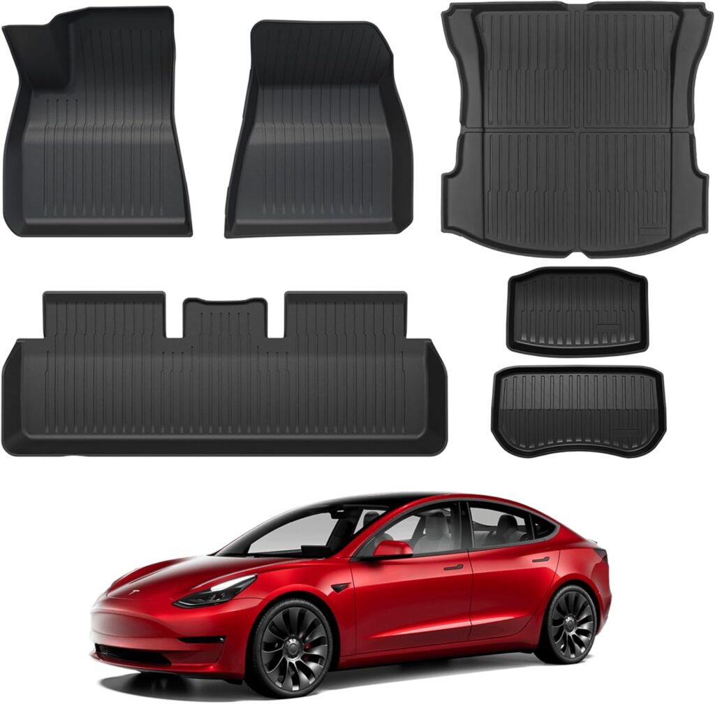 Tesla Model 3 Floor Mats 2023 2022 2021, 6PCS All Weather Complete Set Floor Mats, Cargo Liners Rear Trunk Frunk Rear Storage Mats Accessories