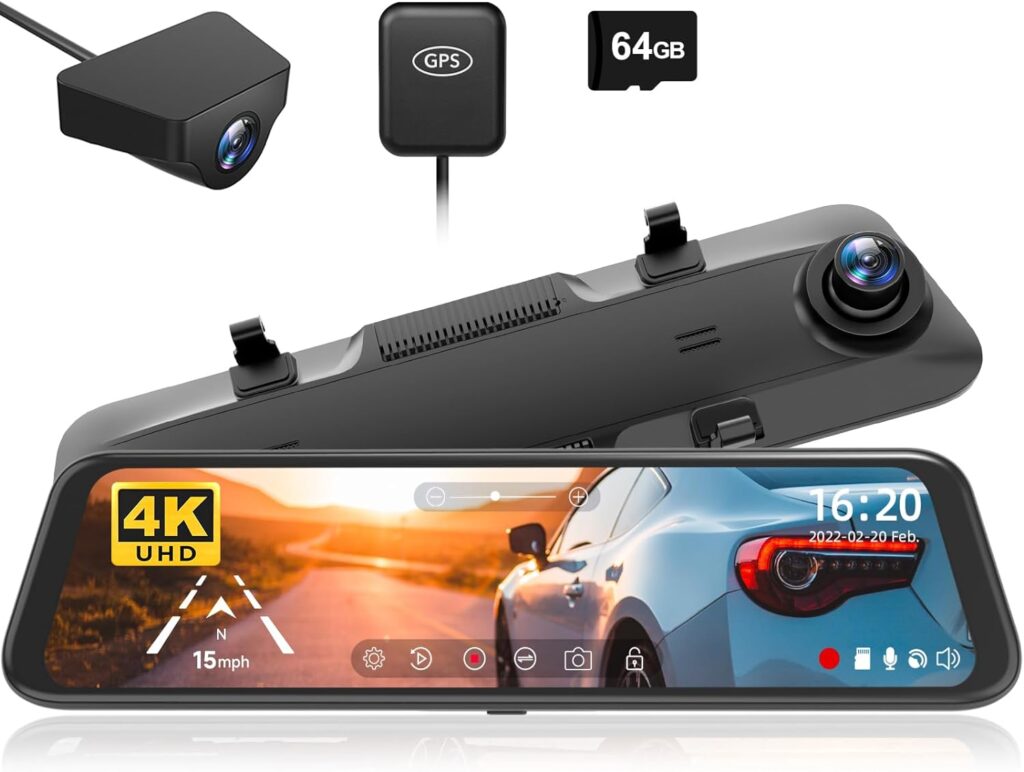 WOLFBOX 12 4K Rear View Mirror Camera, Smart Full Touch Screen Mirror Dash Cam Front and Rear, Backup Camera with 1080P Rear Camera, Dash Cam with WDR Camera, Night Vision, Included 64GB Card  GPS