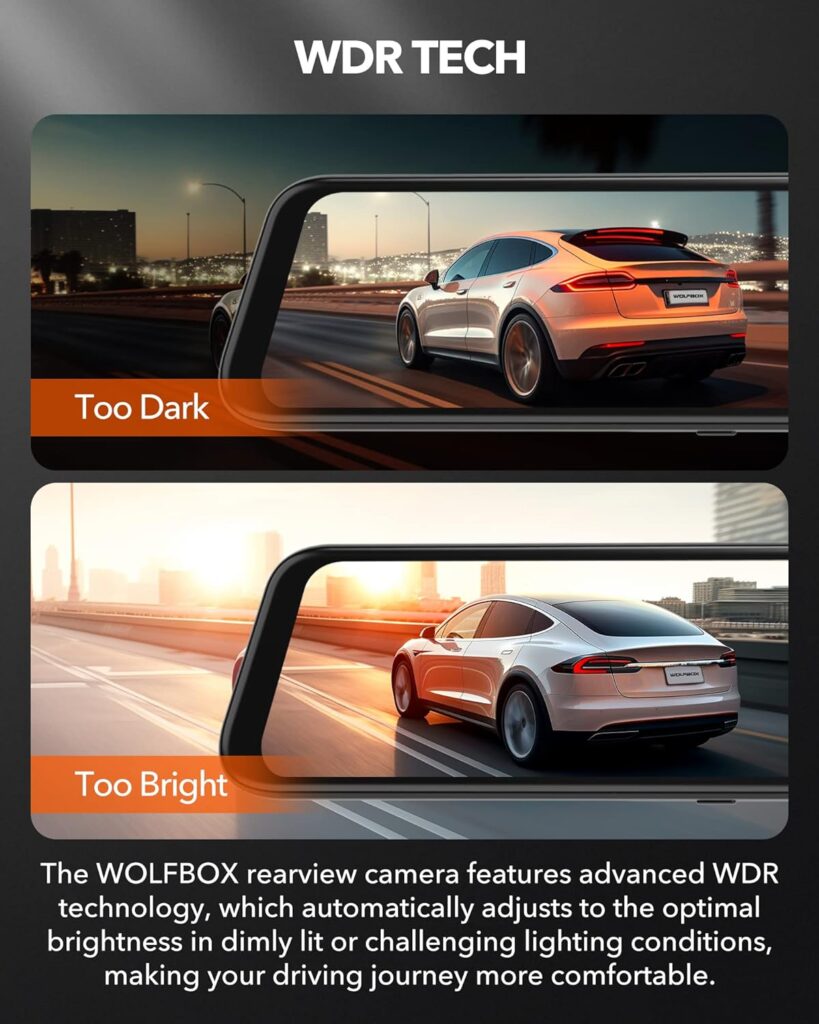 WOLFBOX 12 4K Rear View Mirror Camera, Smart Full Touch Screen Mirror Dash Cam Front and Rear, Backup Camera with 1080P Rear Camera, Dash Cam with WDR Camera, Night Vision, Included 64GB Card  GPS