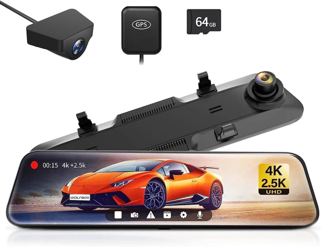 WOLFBOX G900 Rear View Mirror Camera, Mirror Dash Cam 4K Front and 2.5K Rear, Smart Full 12’’ Touch Screen, Backup Camera for Car, GPS, WDR, Night Vision, Included 64GB Card